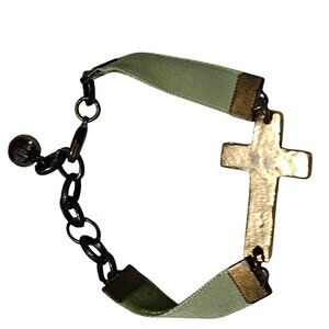 Gold Cross Bracelet Green Ribbon Chain Adjustable Length Antique Finish Jewelry